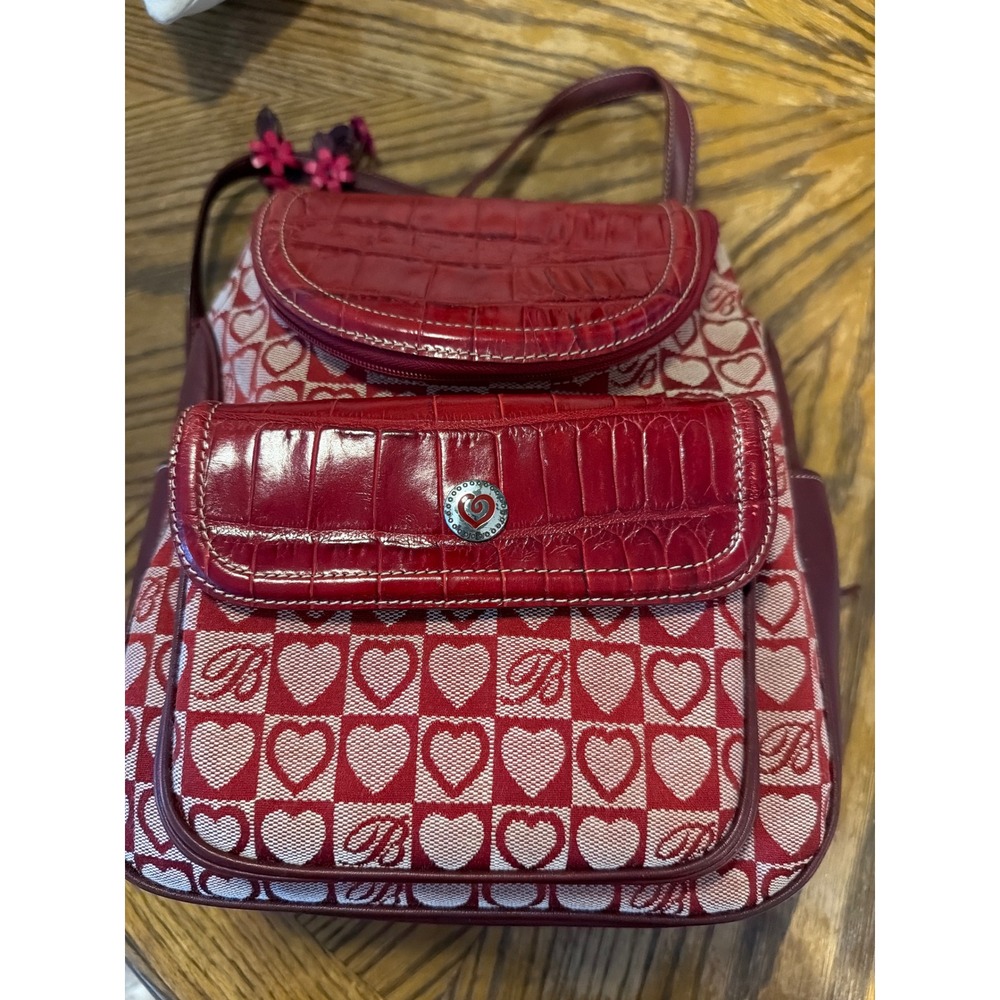Brighton Red Heart Monogram Canvas Croc Embossed Leather Mini Backpack Bag